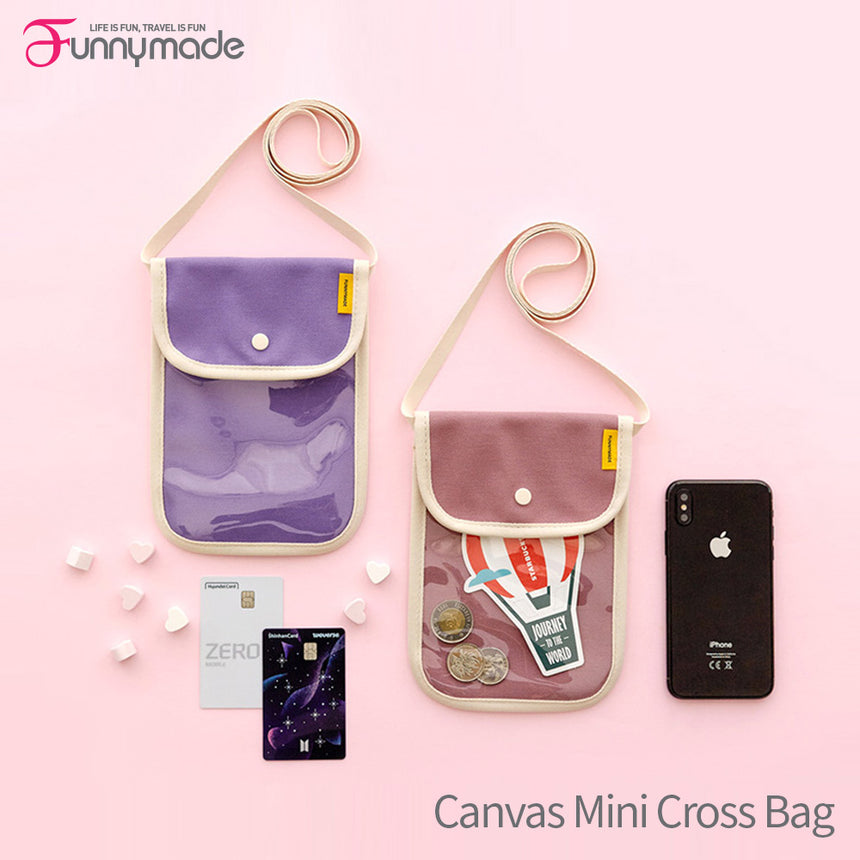 【5月31日発送予定】Funnymade Canvas Mini Cross Bag スマホポーチ クロスバック ミニバッグ 軽量 軽い 薄い 小さめ 無地 デイリー かわいい 韓国製